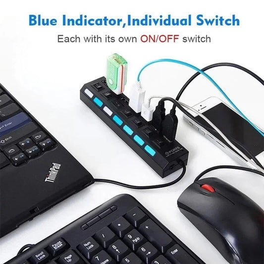 7-Port USB Hub with Individual On/Off Switches | Multi-Port Expander for PC & Laptop