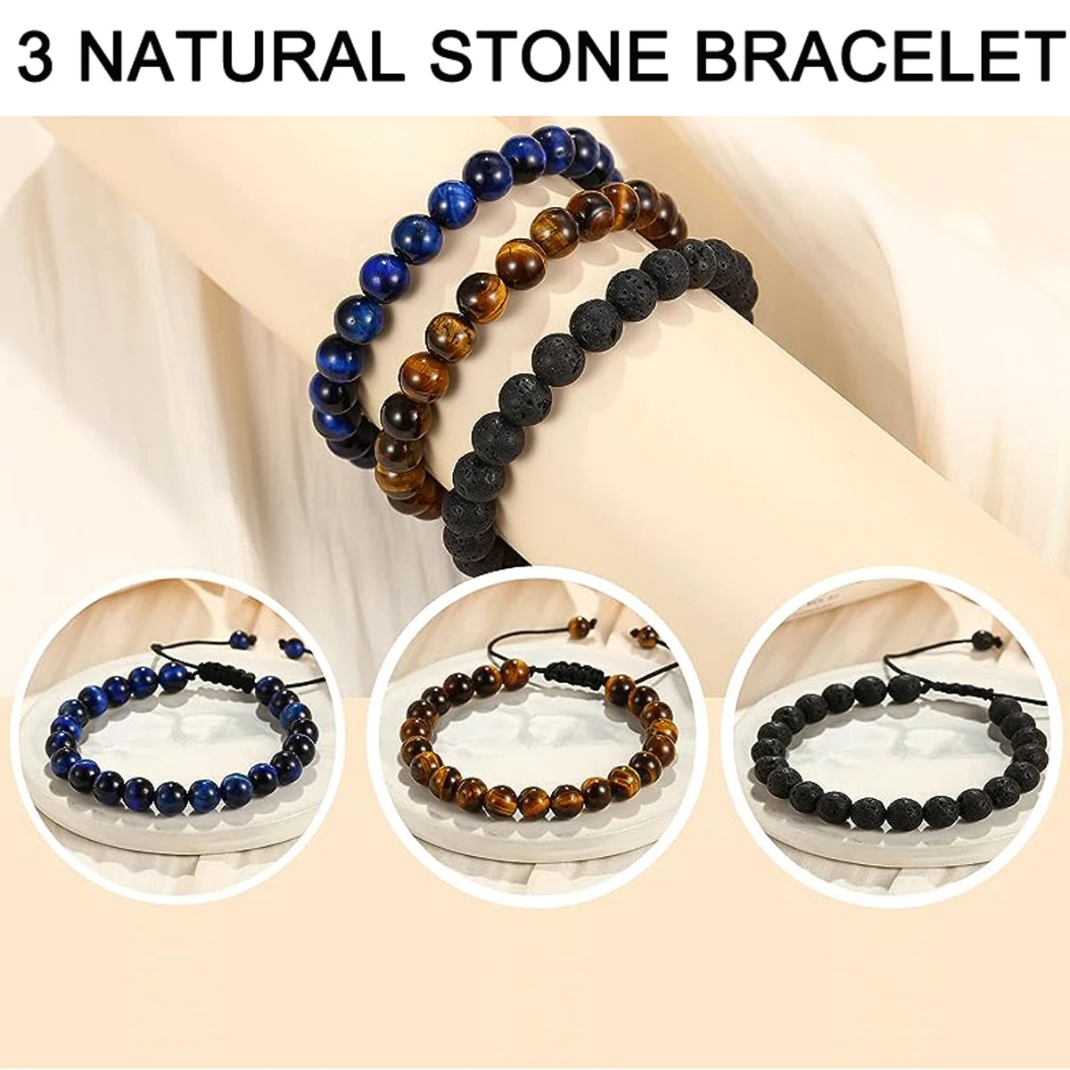 3 Style 8Mm Natural Tiger Eyes Lava Rock Protection HANDMADE Bracelet Men'S Gift