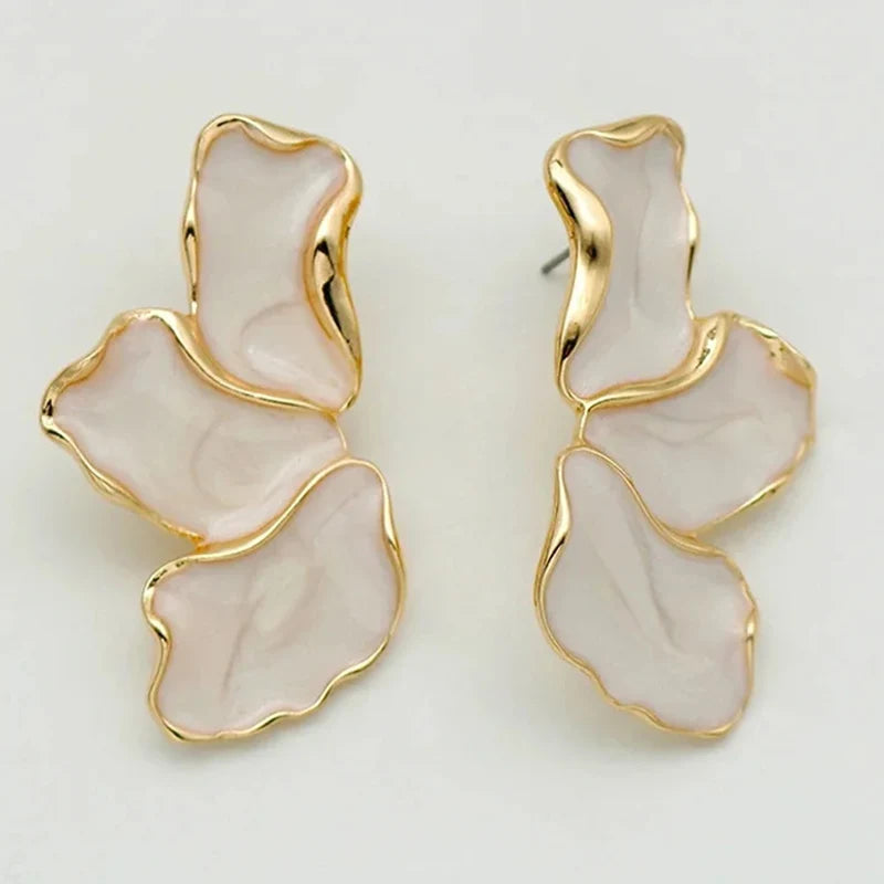 Metal Flower Cream Epoxy Earring Stud Women Fashion Gold Color Plating Irregular Post Earrings Heavy Design Statement Earrings