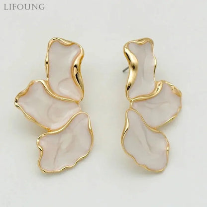 Metal Flower Cream Epoxy Earring Stud Women Fashion Gold Color Plating Irregular Post Earrings Heavy Design Statement Earrings