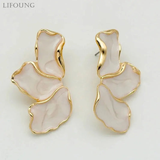 Metal Flower Cream Epoxy Earring Stud Women Fashion Gold Color Plating Irregular Post Earrings Heavy Design Statement Earrings