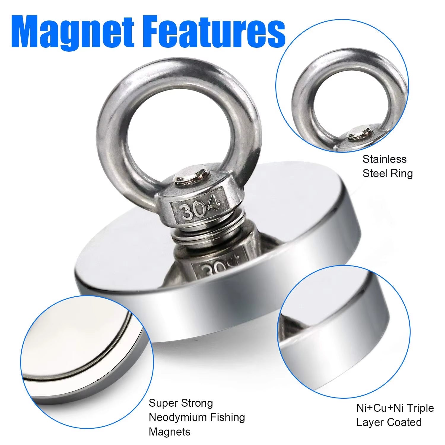 Super Strong Neodymium Fishing Magnets Heavy Duty Imanes Magnet with Countersunk Hole Eyebolt for Salvage Magnetic Fishing