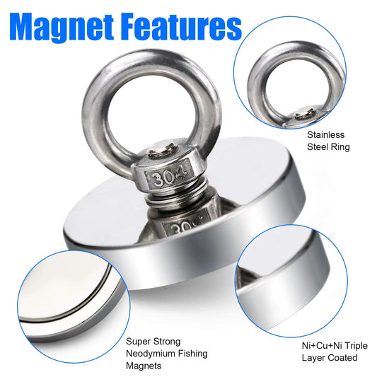 Super Strong Neodymium Fishing Magnets Heavy Duty Imanes Magnet with Countersunk Hole Eyebolt for Salvage Magnetic Fishing